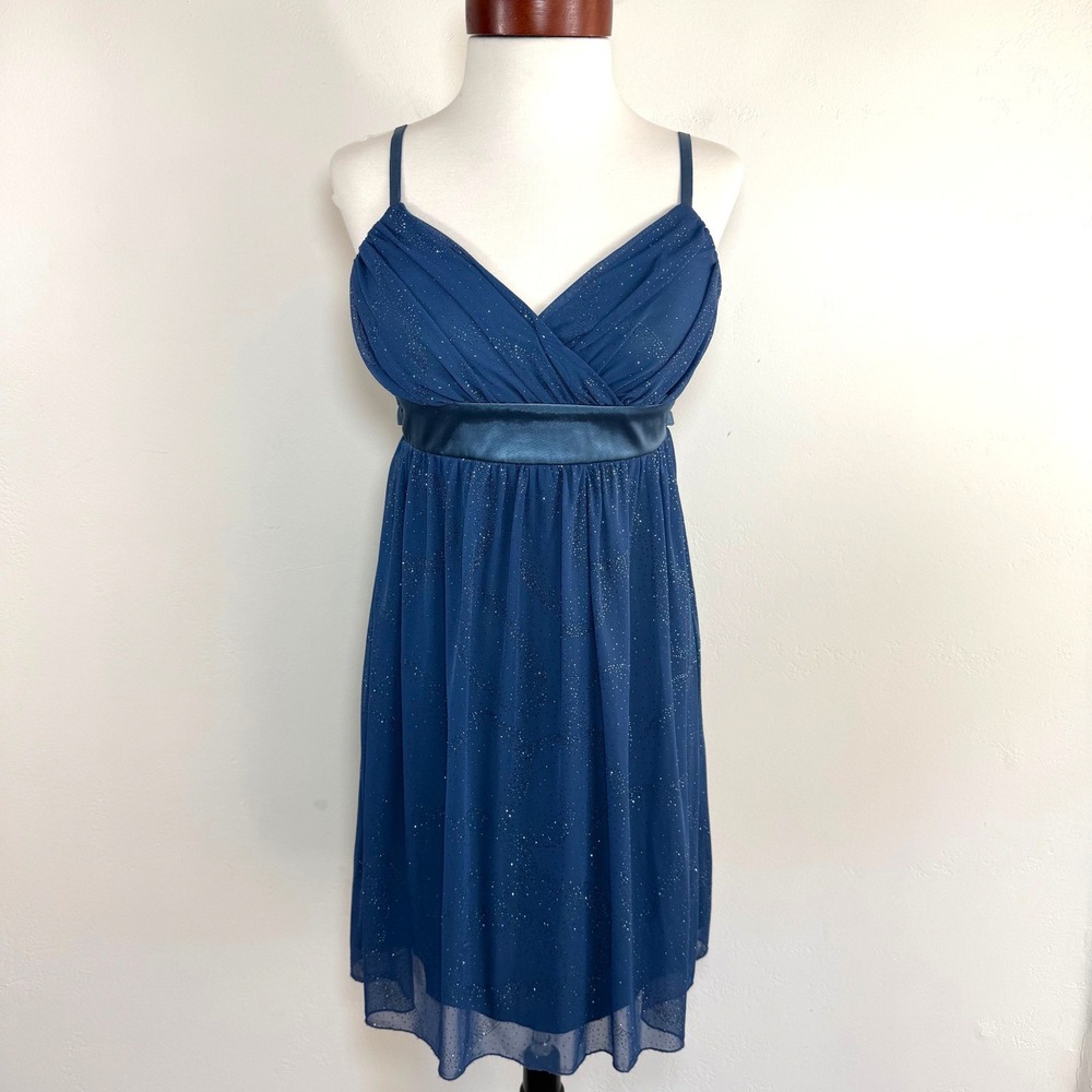 Y2K Glitter Mesh Babydoll Mini Dress Blue Empire Waist Fairycore Party USA M